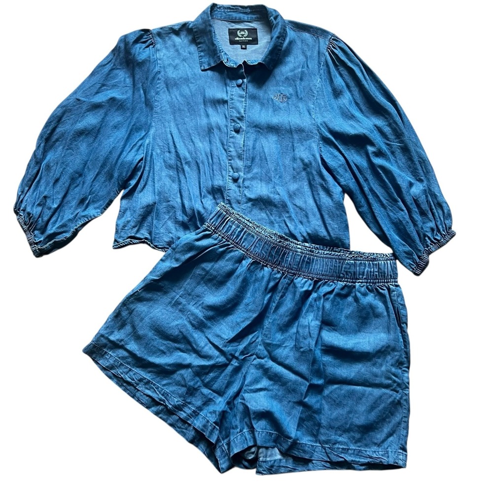 Ellandemm Tencel Denim Two Piece Set Blue Puff Sleeve Crop Top Shorts‎ XL 2XL